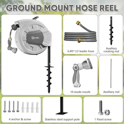 SILVEL Automatic Retractable Garden Hose Reel on Metal Spike, 1/2 in x 90FT Ground Mounted Outside, UV Resistant with 10 Pattern Nozzle, 360° swivel, No Holes in your house, Easy Installation