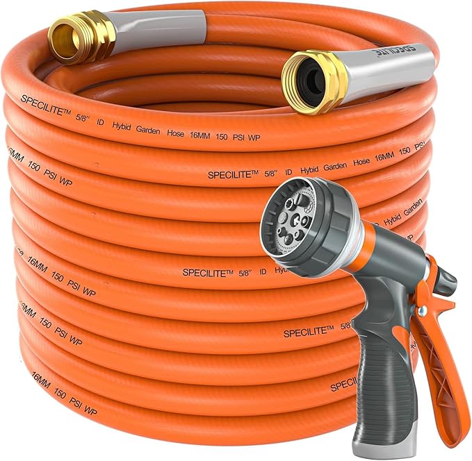SPECILITE Garden Water Hose 200 ft x 5/8 in Heavy Duty, Flexible and Lightweight, Burst 600 psi, Kink-less Hybrid Rubber Pipe for Backyard, 3/4'' Brass Fittings, Orange