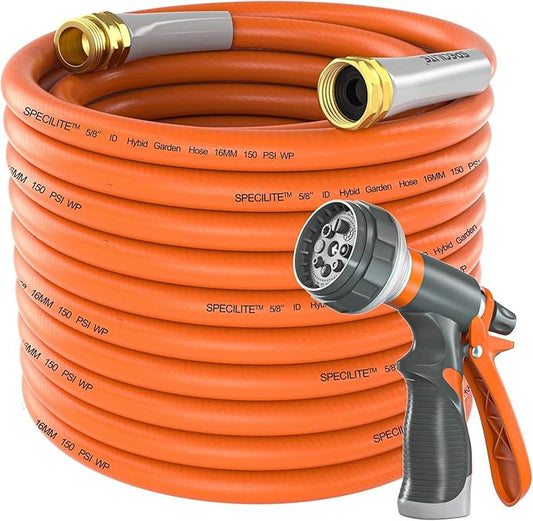 SPECILITE Garden Water Hose 200 ft x 5/8 in Heavy Duty, Flexible and Lightweight, Burst 600 psi, Kink-less Hybrid Rubber Pipe for Backyard, 3/4'' Brass Fittings, Orange