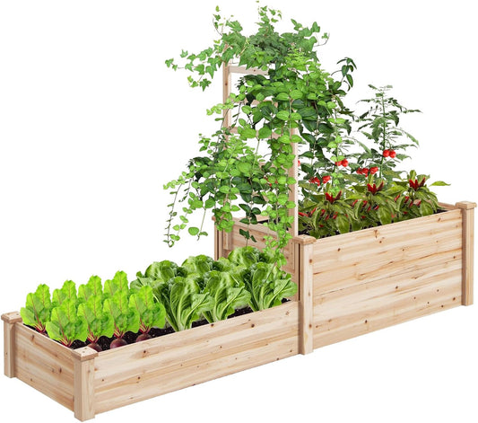 S AFSTAR Raised Garden Bed with Trellis & 2 Planter Boxes, 88" x 25" x 53" Outdoor Wooden Planter Box Kit for Flower Herb Veggies Fruit Climbing Vines, Elevated Gardening Planter for Garden Patio