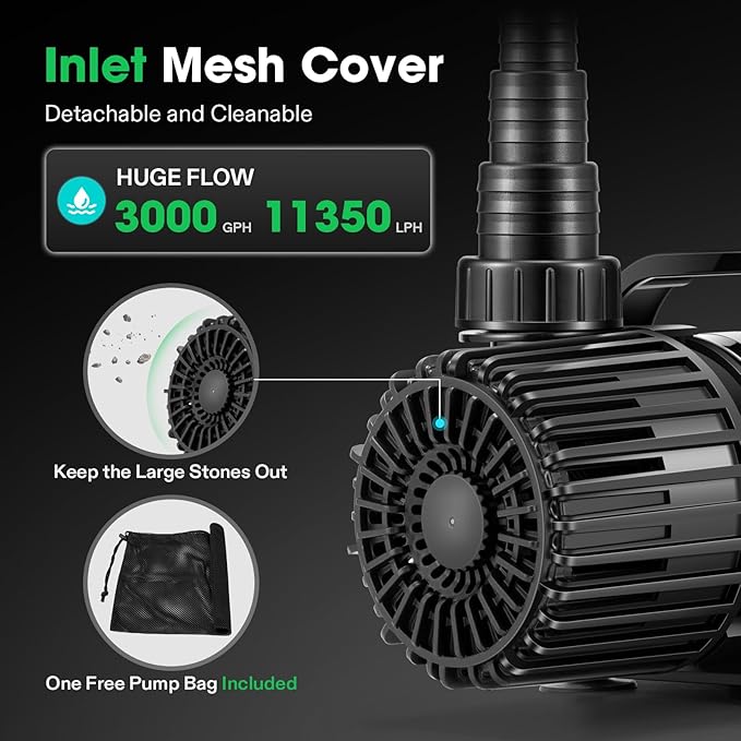 VIVOSUN 3000 GPH Submersible Water Pump with Barrier Bag, 150W Pond Pump, Ultra Quiet Aquarium Pump with 18FT. Lift Height for Pond, Waterfall, Fish Tank, Statuary, Hydroponic