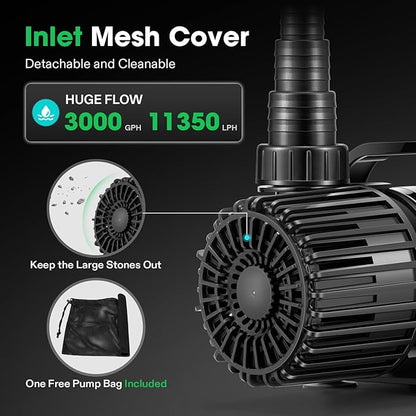 VIVOSUN 3000 GPH Submersible Water Pump with Barrier Bag, 150W Pond Pump, Ultra Quiet Aquarium Pump with 18FT. Lift Height for Pond, Waterfall, Fish Tank, Statuary, Hydroponic