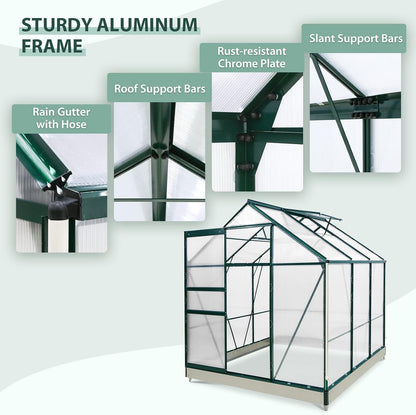 EAGLE PEAK 6x6x7 Outdoor Walk-in Hobby Greenhouse with Adjustable Roof Vent and Rain Gutter, Base and Anchor, Polycarbonate Aluminum Green House for Backyard Garden, Dark Green