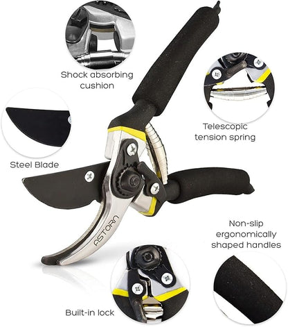 Astorn 8" Premium Bypass Pruning Shears for Gardening - Heavy Duty, Ultra Sharp Garden Shears w/Ergonomic Soft Grip Handle - Made with High-Grade Carbon Steel - Ideal for Cutting, Gardening & Trimming