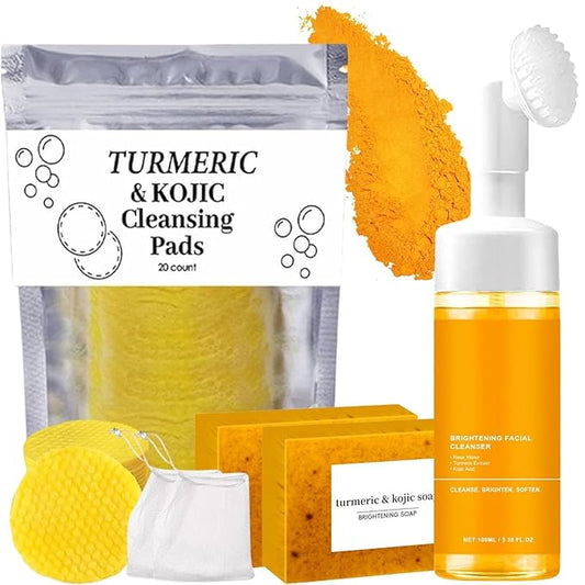 4Pcs Turmeric Skincare Set - Facial Wash, Cleansing Mousse, Soap & Exfoliating Pads for Face and Body, Turmeric Trio Cleansing and Exfoliating Care
