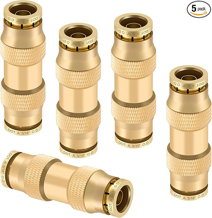 5/16" Quick Push to Connect Fittings Brass Union Straight Joint DOT Approved 5/16 inch tube OD Air Line Adapter Air Spring Suspension Kit for Car Truck Trailers and Air Brake System 5pcs