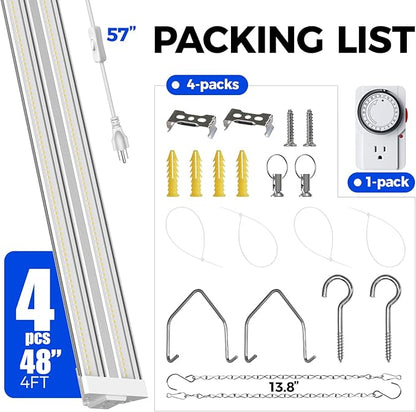 Barrina TX72 4FT Grow Lights for Seed Starting, 288W (4 x 72W, 2000W Equivalent), High PPFD, 5000K Daylight Full Spectrum, Mechanical Timer, Hanging Grow Lights with On/Off Switch Linkable, 4 Packs