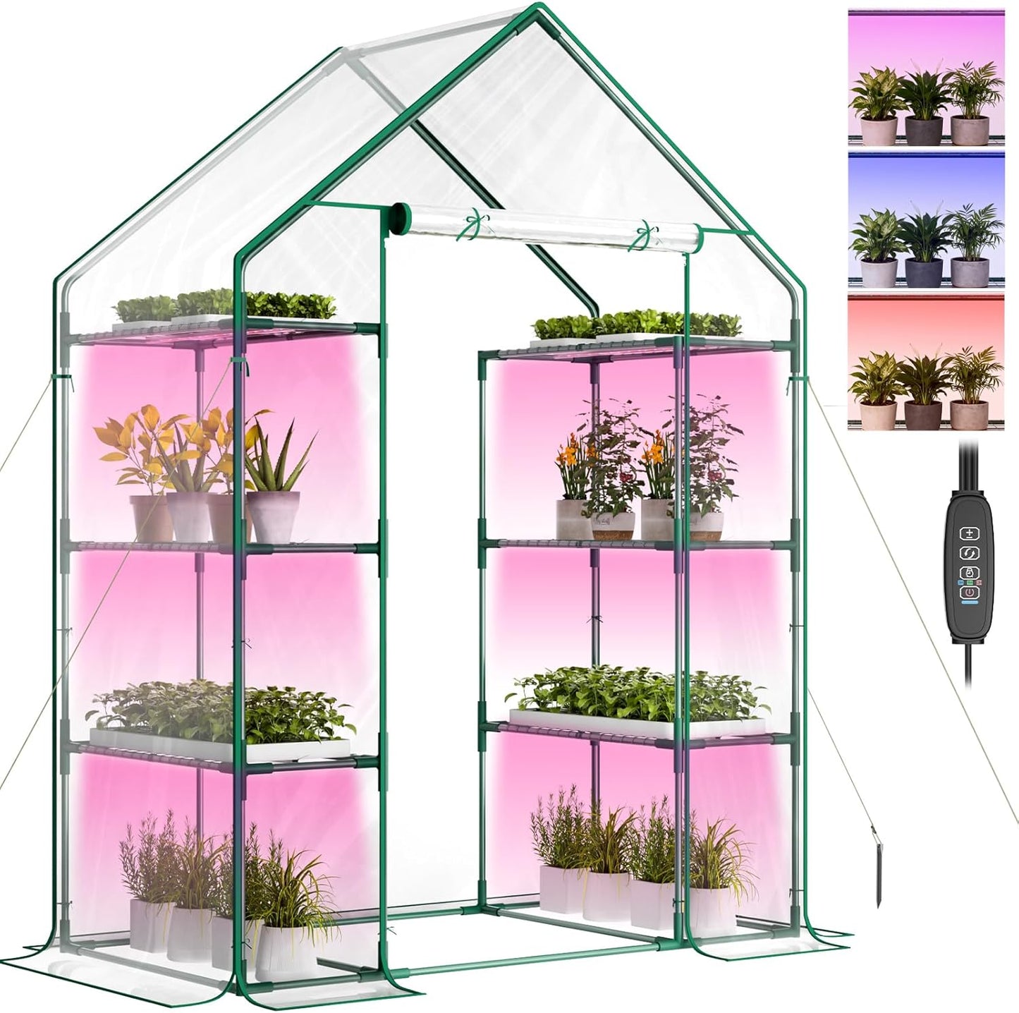 Indoor Greenhouse with Grow Light, 4-Tier 56.3"x28.7"x76.8" Mini Greenhouse with Roll-Up Zippered PVC Cover for Seed Starting Trays, Dimmable Grow Light Shelf for Indoor Plants with Timer