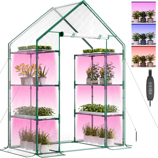 Indoor Greenhouse with Grow Light, 4-Tier 56.3"x28.7"x76.8" Mini Greenhouse with Roll-Up Zippered PVC Cover for Seed Starting Trays, Dimmable Grow Light Shelf for Indoor Plants with Timer