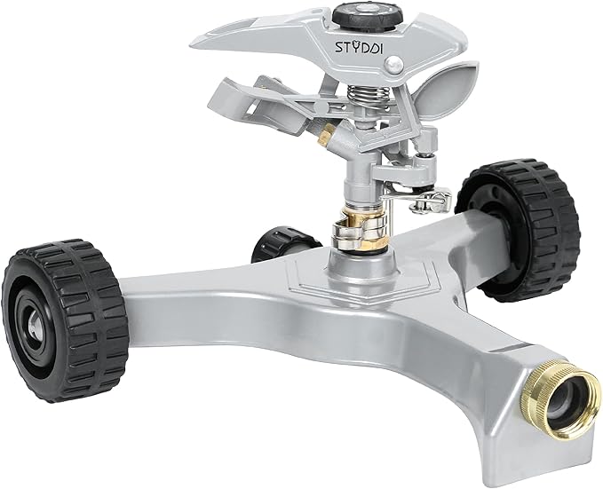 STYDDI Metal Pulsating Sprinkler on in-Series Metal Wheeled Base, Adjustable Circular Water Sprinkler for Medium to Large Circular Lawn, Yard, Garden and Large Areas, Coverage up to 6,360 Sq. ft