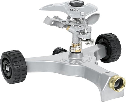 STYDDI Metal Pulsating Sprinkler on in-Series Metal Wheeled Base, Adjustable Circular Water Sprinkler for Medium to Large Circular Lawn, Yard, Garden and Large Areas, Coverage up to 6,360 Sq. ft