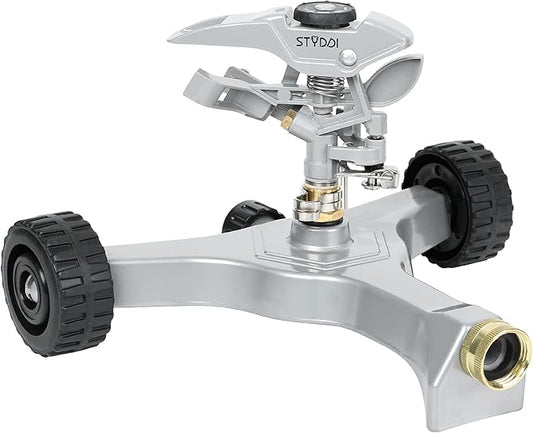 STYDDI Metal Pulsating Sprinkler on in-Series Metal Wheeled Base, Adjustable Circular Water Sprinkler for Medium to Large Circular Lawn, Yard, Garden and Large Areas, Coverage up to 6,360 Sq. ft