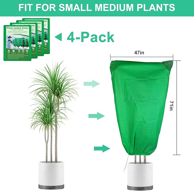 4 Packs Plant Covers Freeze Protection 47.7" X 72" - 2.2oz Large Frost Blankets for Plants Frost Cloth Plant Freeze Protection Tree Covers Bags with Zipper Drawstring Green