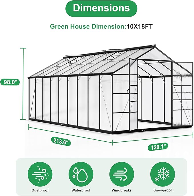 WKM 10x18 FT Greenhouse for Outdoors, Polycarbonate Greenhouse with Quick Setup Structure and Roof Vent, Enhanced Aluminum Green House for Garden Backyard, Black
