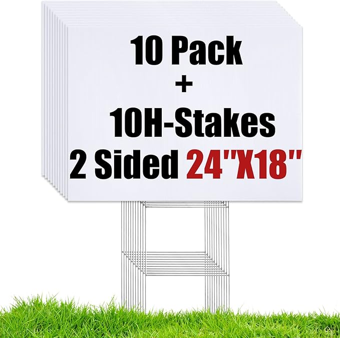 WENWELL 10 Large Blank Yard Signs with Stakes 18 x 24",Corrugated Plastic Lawn Sign kit for Estate Garage Sale,Party,Birthday,Wedding,Campaign,Parking,Make you own Outdoor Sign