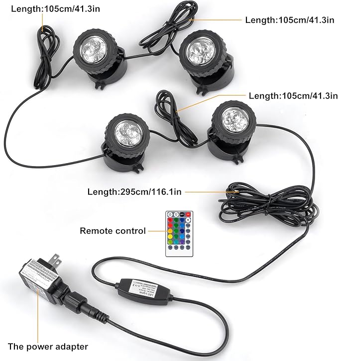RGB Pond Lights with Timer, LED Underwater Submersible Colorful Landscape Spotlights, 98ft Remote Control IP68 Waterproof Fountain Lights for Fish Aquarium Tank Garden Yard Pool (Set of 4)
