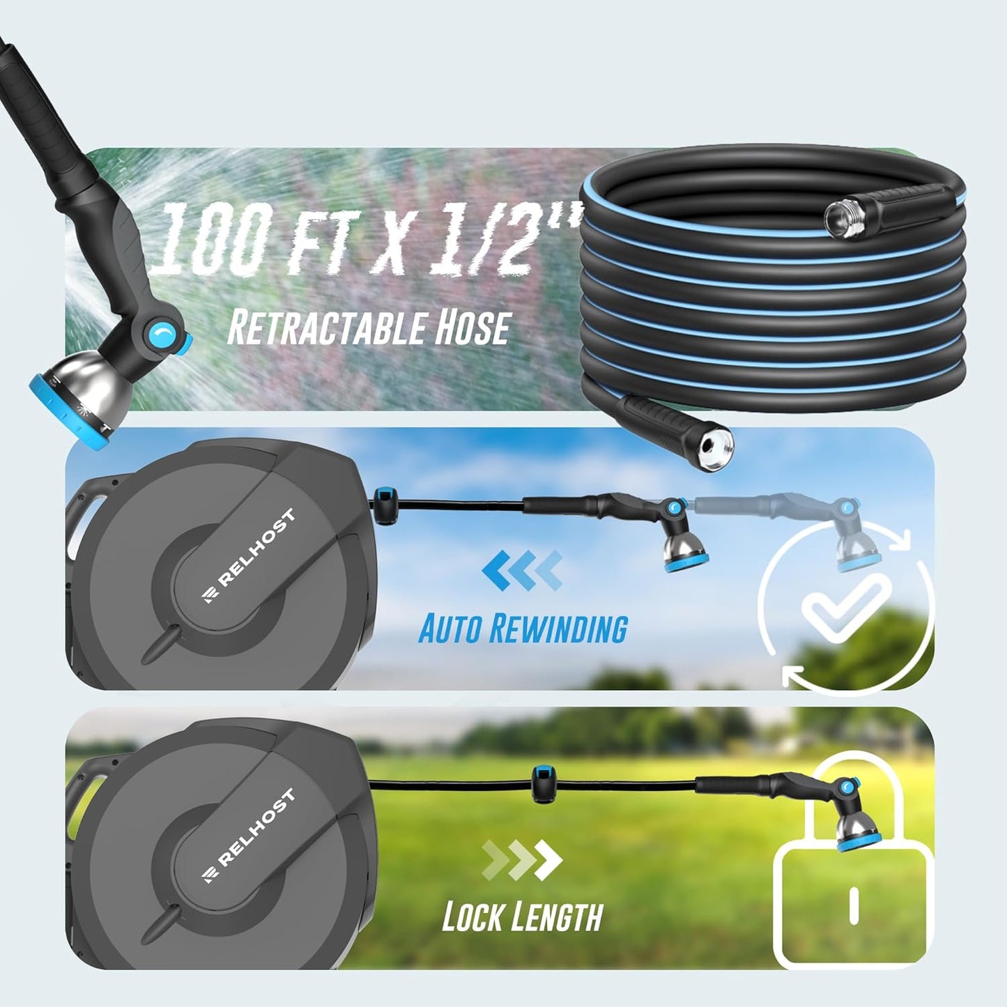 Retractable Garden Hose Reel 100 ft x 1/2 in, Heavy Duty Hose Reel Wall Mount with Any Length Lock, Auto Rewind System, 180° Swivel Bracket, 10-Pattern Garden Hose Nozzle, Dark Grey