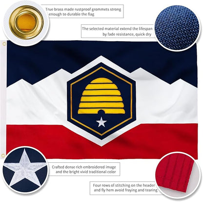 XIFAN Premium New Utah State Flag 3x5 ft Outdoor, Double Sided Embroidered Pattern, Heavy Duty 210D Nylon New UT Flags, the Strongest Longest Lasting for Outside with Sewn Stripes/Brass Grommets