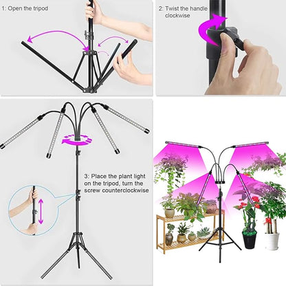 Grow Lights with Stand,4 Goosenecks Floor Plant Light for Indoor Plants,10 Dimmable Levels & Auto On/Off Timer (3/9/12H Timer), Tripod Stand Plant Lamp Height Adjustable,Red and Blue Light.