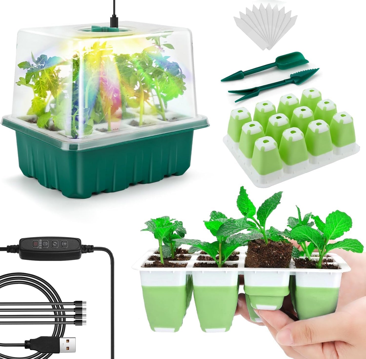 Seed Starter Tray with Grow Light, 48 Cells Indoor Seed Starter Kit, Flexible Silicone Seedling Starter Trays, Germination Tray Kit with Humidity Dome & Lids(4in Height), Reusable & Dishwasher Safe