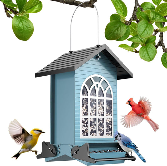 Squirrel Proof Bird Feeders for Outdoors Hanging, 5LBS Large Capacity, Metal Wild Seed Feeder with Bilateral Weight-Activated Perches, Anti Squirrel Birdfeeder for Outside Finch, Cardinal- Blue
