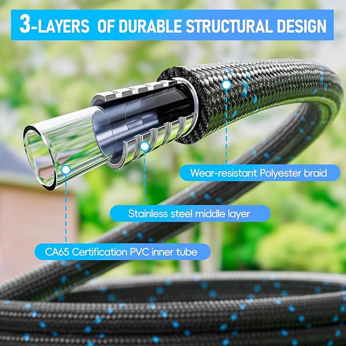 SPECILITE Garden Hose 100ft, 3-Layer Flexible Water Hose with 8 Pattern Spray Nozzle, Non-Expanding & Lightweight Stainless Steel Hose for Yard, Lawn, Outdoor-Leak Proof, No-kink & Tangle-free