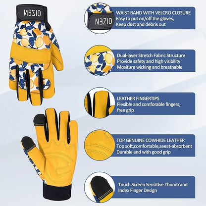 Cowhide Leather Thorn Proof & Puncture Resistant Gardening Gloves for Women and Men, Touchscreen Compatible Working Gloves for Weeding, Digging, Planting, Gardening Gifts for Women, Size Medium