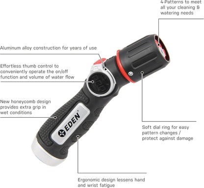 Eden 96845 Pro Metal Thumb-Control Straight 4-Pattern Turbo Nozzle W/Quick Connector Starter Set, High Pressure Garden Sprayer for Hose