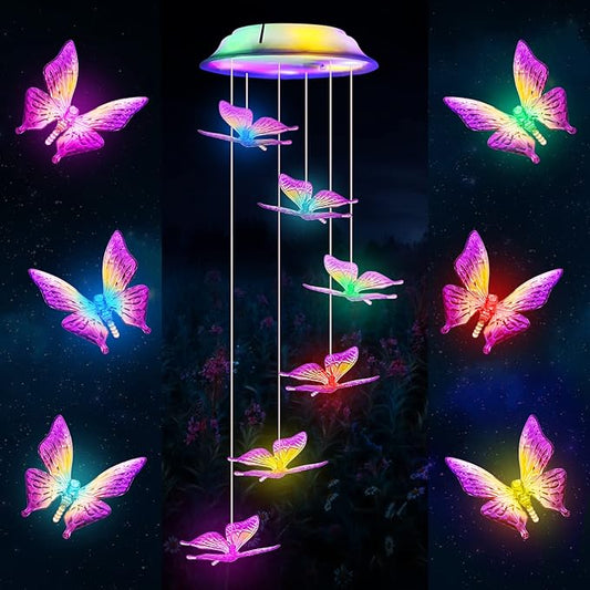 Fohil Solar Butterfly Wind Chimes, Color Changing Solar Wind Chimes for Outside, LED Waterproof Solar Powered Hanging Lights Outdoor Valentine Decorations, Gifts for Women Mom Grandma
