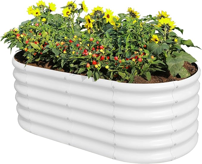 Land Guard 18“ Tall 4×2ft Galvanized Raised Garden Bed Kit, Galvanized Planter Garden Boxes Outdoor, Oval Large Metal Raised Garden Bed for Vegetables……… (Pearl White, 4×2×1.5ft)