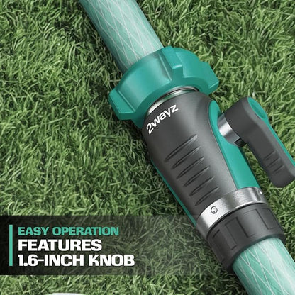 2WAYZ 0° Garden Hose Shut Off Valve - 3/4" Inlet & Outlet Heavy Duty Hose Connector - Full Metal Water Adapter with Large 1.6" Knob - 2.3 x 1.9 x 3.6 Inch Outdoor Fitting (Green and Black)
