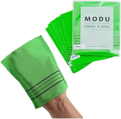 Modu Korean Exfoliating Mitts Small 6PCS (Green) – Exfoliating Gloves Body Scrubber Italy Towel Washcloth for Korean Spa at Home, Dead Skin Remover, 100% Vegan Viscose