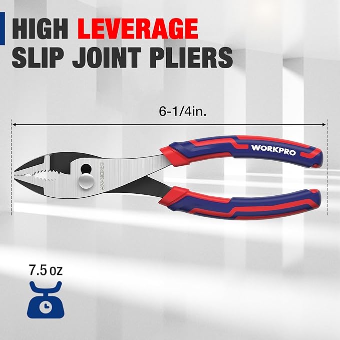 WORKPRO 6” Slip Joint Pliers Tool, Large Soft Grip,Rust Prevention Finish, 3-Zone Serrated Jaw Forged from High Carbon Steel for Maximum Grip