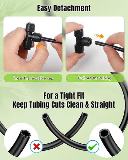 Pawfly 40 Pcs Quick Connect Drip Irrigation Fittings Kit for 1/4" Tubing, Push-to-Fit Drip Line Connectors Set with 10 Tees, 10 Couplings, 10 Elbows & 10 End Plugs, Anti-Leak Drip Irrigation Parts