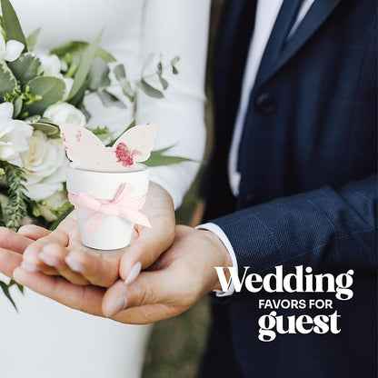 Set of 6 Seed Paper – 6 Pink Butterflies & 6 White Pots with Bow for Baby Shower, Gender Reveal, Birthday, & Other Milestone Celebrations