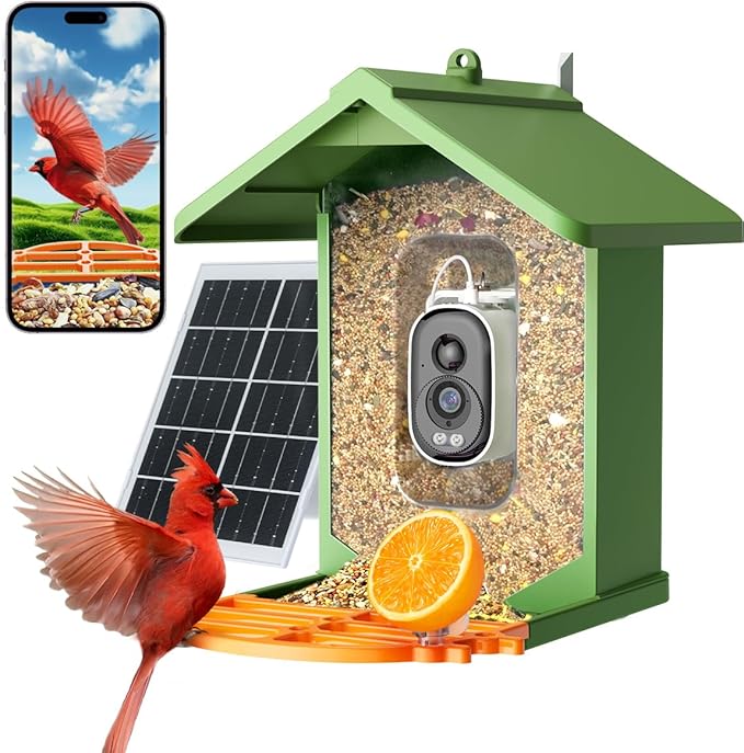 Bird Feeder with Camera 2.5K HD Live Video, AI Bird Identifier, 5MP Photos, 7W Solar Powered & 4000mAh Battery for Wall/Mount/Hang (Green)