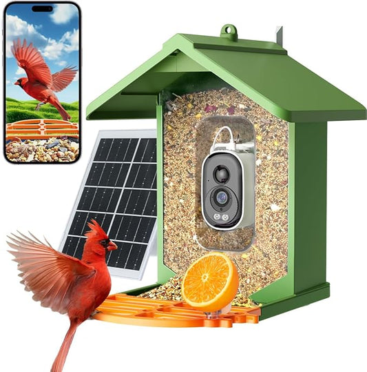 Bird Feeder with Camera 2.5K HD Live Video, AI Bird Identifier, 5MP Photos, 7W Solar Powered & 4000mAh Battery for Wall/Mount/Hang (Green)
