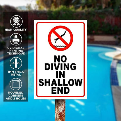No Diving in Shallow End Pool Safety First! No Diving Signs for Pools - 12x8in Rustic Tinplate Outdoor Warning Decor