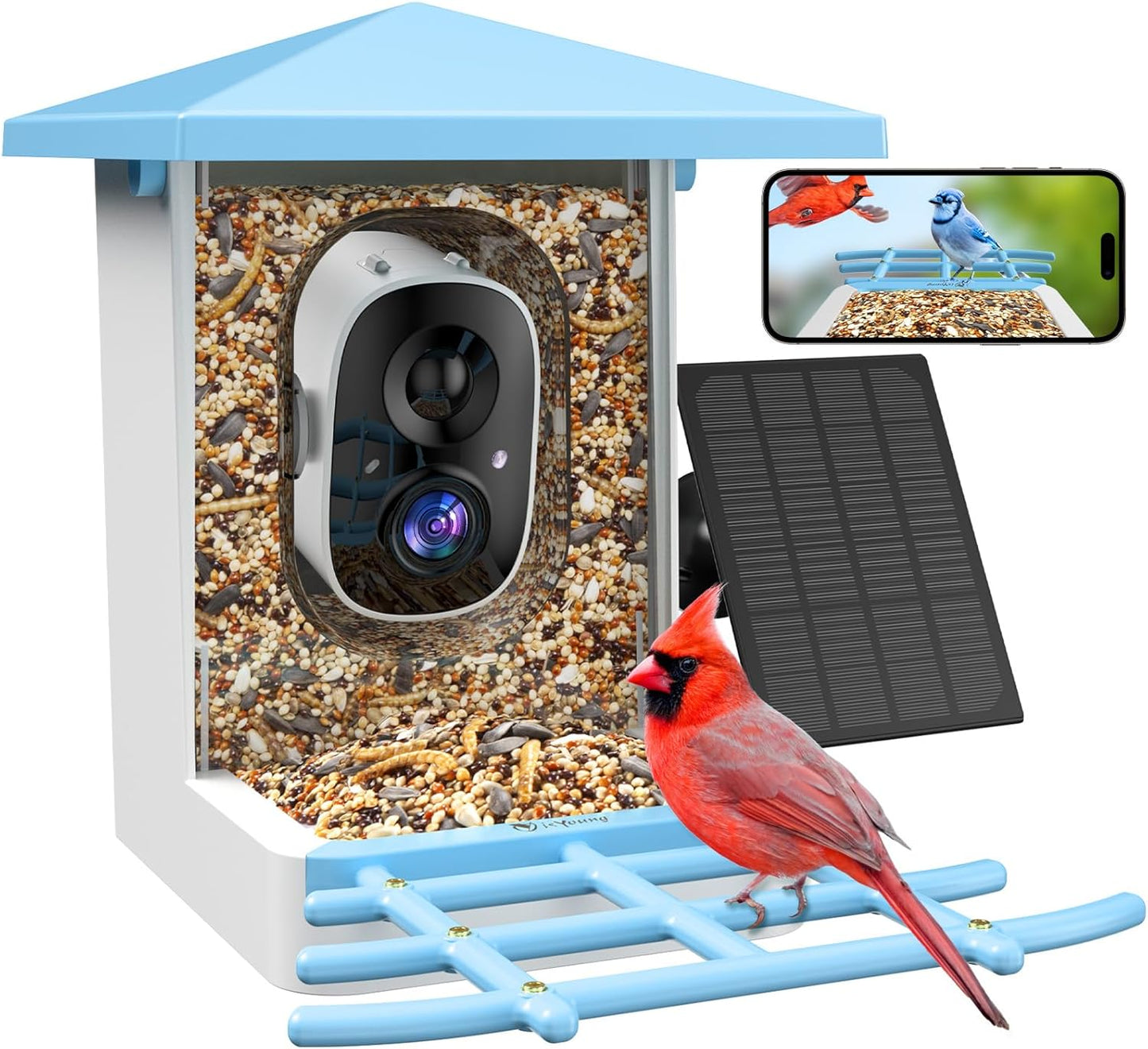 Smart Bird Feeder with Camera, AI Auto-Capture & Motion Detection, 5W Solar Panel, 170° View, Identify 16,000+ Birds, 2K HD Video, Ideal Gift for Outdoor Bird Watching(Blue)