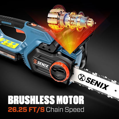 SENIX 20V 10" Electric Chainsaw, Cordless Battery Powered Chainsaw, Brushless Chain Saw, Garden Tool for Trees, Pruning, Branch Cutting, Yard, Gift for Men Dad Husband Fathers, Tool Only, CSX2-M-0