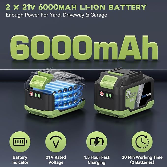 Cordless Leaf Blower - 650 CFM Brushless Electric Leaf Blower with 2 x 6.0Ah Batteries & Fast Charger, 2 Speed Modes, Battery Powered Leaf Blowers for Lawn Care, Patio, Dust, Snow Care (Light Green)