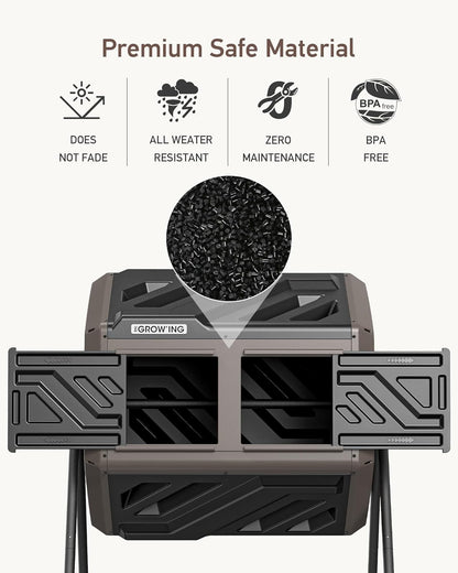 THEGROW'ING Updated 43 Gallon Compost Bin Outdoor, Fast Assemble Tumbling Composter, Dual Chamber Composter Tumbler, Rotating Compost Bin for Outside, Backyard, Garden and Yard, Coffee