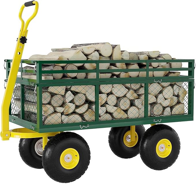 Metal Wagon - 1400lbs Garden Cart with 10" Multi-Terrain Tires, 4 Removable Mesh Sides & 180° Swivel Handle, Yard Wagon Cart for Lawn, Yard, Patio Gardening