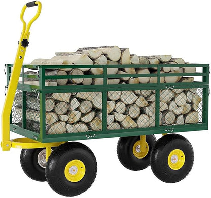 Metal Wagon - 1400lbs Garden Cart with 10" Multi-Terrain Tires, 4 Removable Mesh Sides & 180° Swivel Handle, Yard Wagon Cart for Lawn, Yard, Patio Gardening
