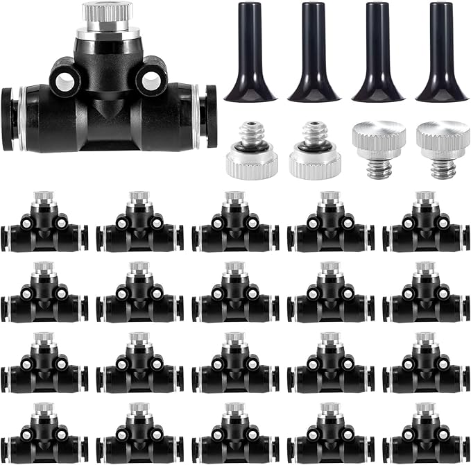 48 Pcs Brass Misting Nozzles Kit,0.012 Orifice (0.3 mm) 10/24 UNC Mister Nozzles 1/4 Inch Sliding Lock Tees for Outdoor Cooling System 20 Misting Tees,20 Spray Nozzles,4 Brass Plugs,4 Black Plugs
