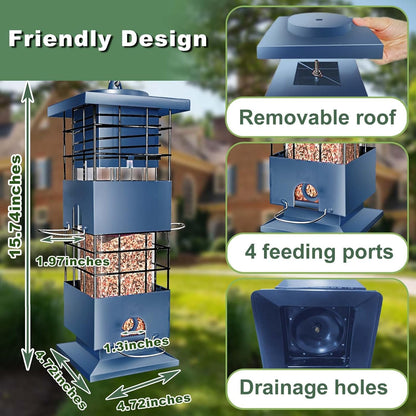 Squirrel Proof Bird Feeder,3Lbs Metal Birdfeeders Squirrel Proof with 4 Feeding Ports forOutdoors Hanging, Birdseed Feeder for Cardinal, Sparrow,Bluejay,Outside (Blue)