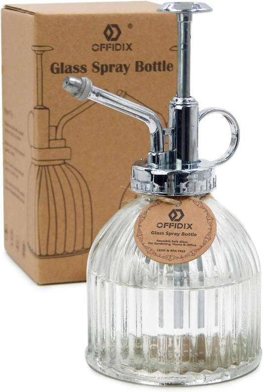 OFFIDIX Glass Spray Bottle for Plants, 6.3" Tall Vintage Style Spritzer with Bronze Plastic Silver Color Top Pump Glass Watering Can for Pet Clearing (Transparent)
