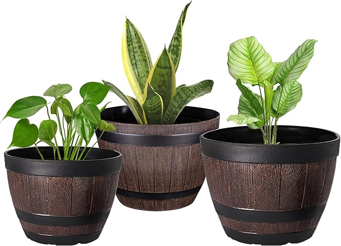 VECELO Plant Pots with Drainage Holes & Saucer, 9/11.3/13 Inch Flower Pots with Tray, 3 Pack Plastic Whiskey Barrel Planters for Indoor & Outdoor Garden Home Plants and Flowers