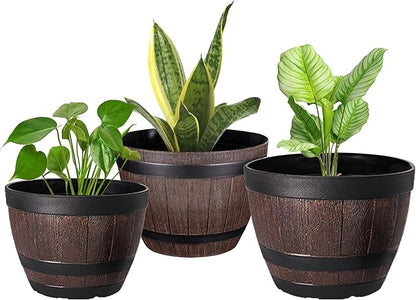 VECELO Plant Pots with Drainage Holes & Saucer, 9/11.3/13 Inch Flower Pots with Tray, 3 Pack Plastic Whiskey Barrel Planters for Indoor & Outdoor Garden Home Plants and Flowers