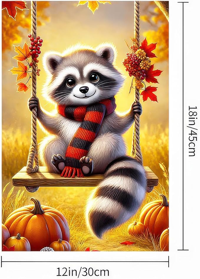 Thanksgiving Fall Garden Flag 12x18 Inch Welcome Raccoon Outdoor Flag Double Sided Autumn Yard Banner with Swing Pumpkins and Leaves for Porch Lawn Patio Seasonal Decor